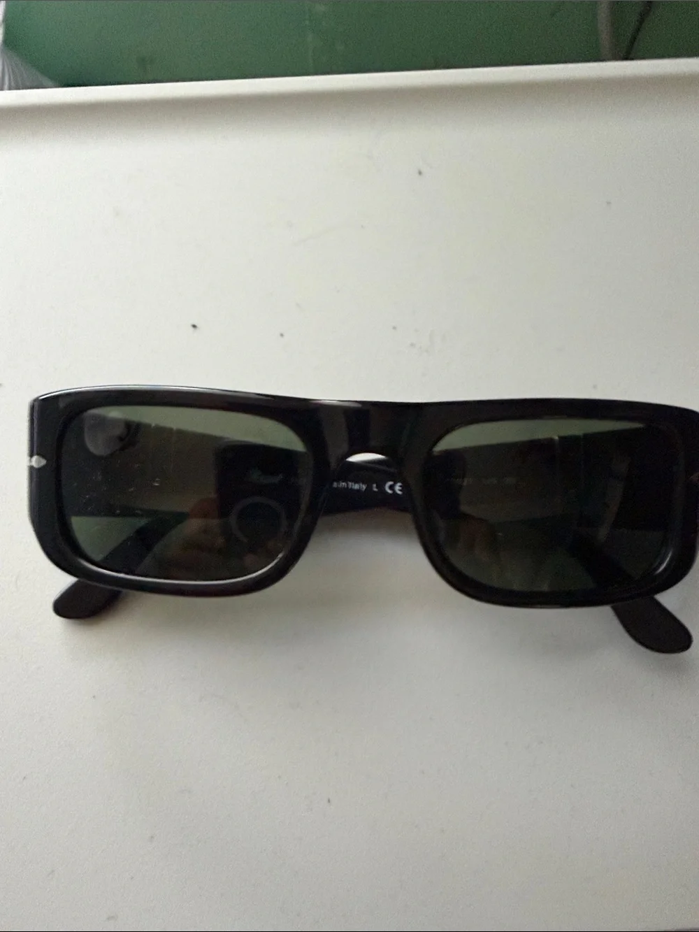Persol Black Rectangular Sunglasses with Dark Green Lenses